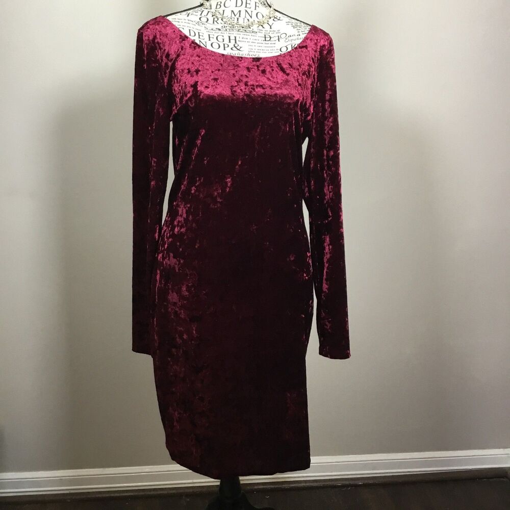 Stretchy raspberry velvet dress scoop neck long sleeve witchy size L